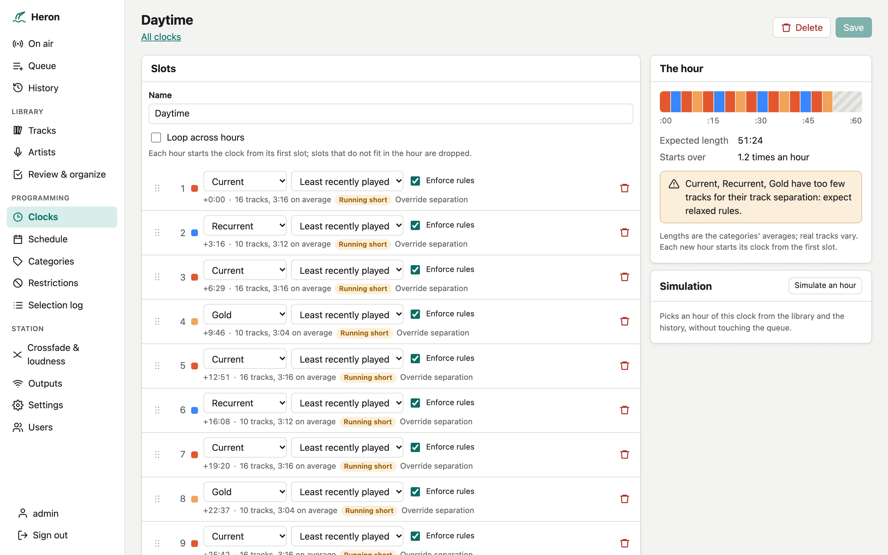 The clock editor: slots by drag and drop, the hour drawn as it will sound, a simulation