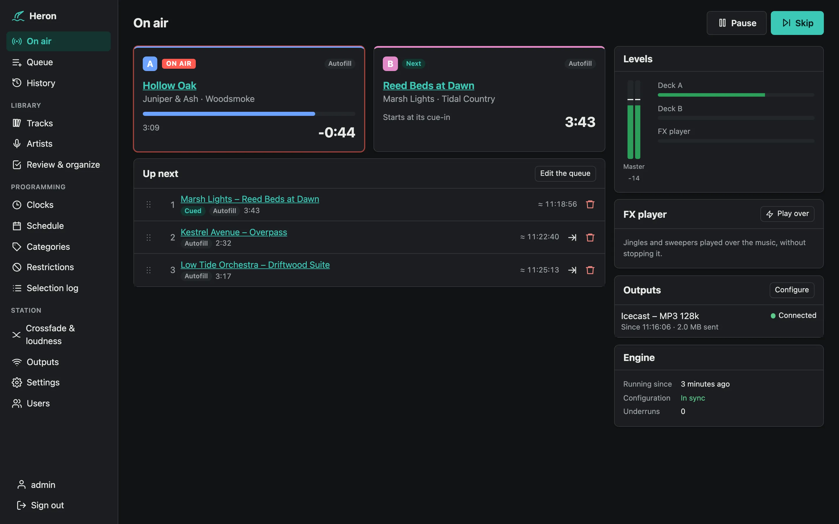 Heron's On air page: decks A and B, the next tracks, levels, the FX player, outputs and the engine's state