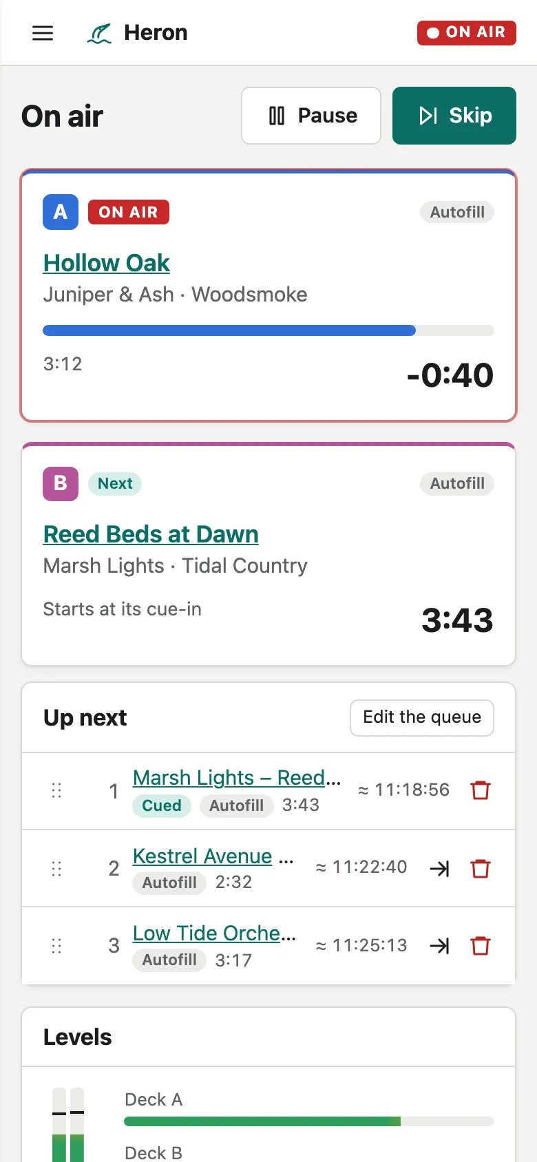 The On air page at phone width