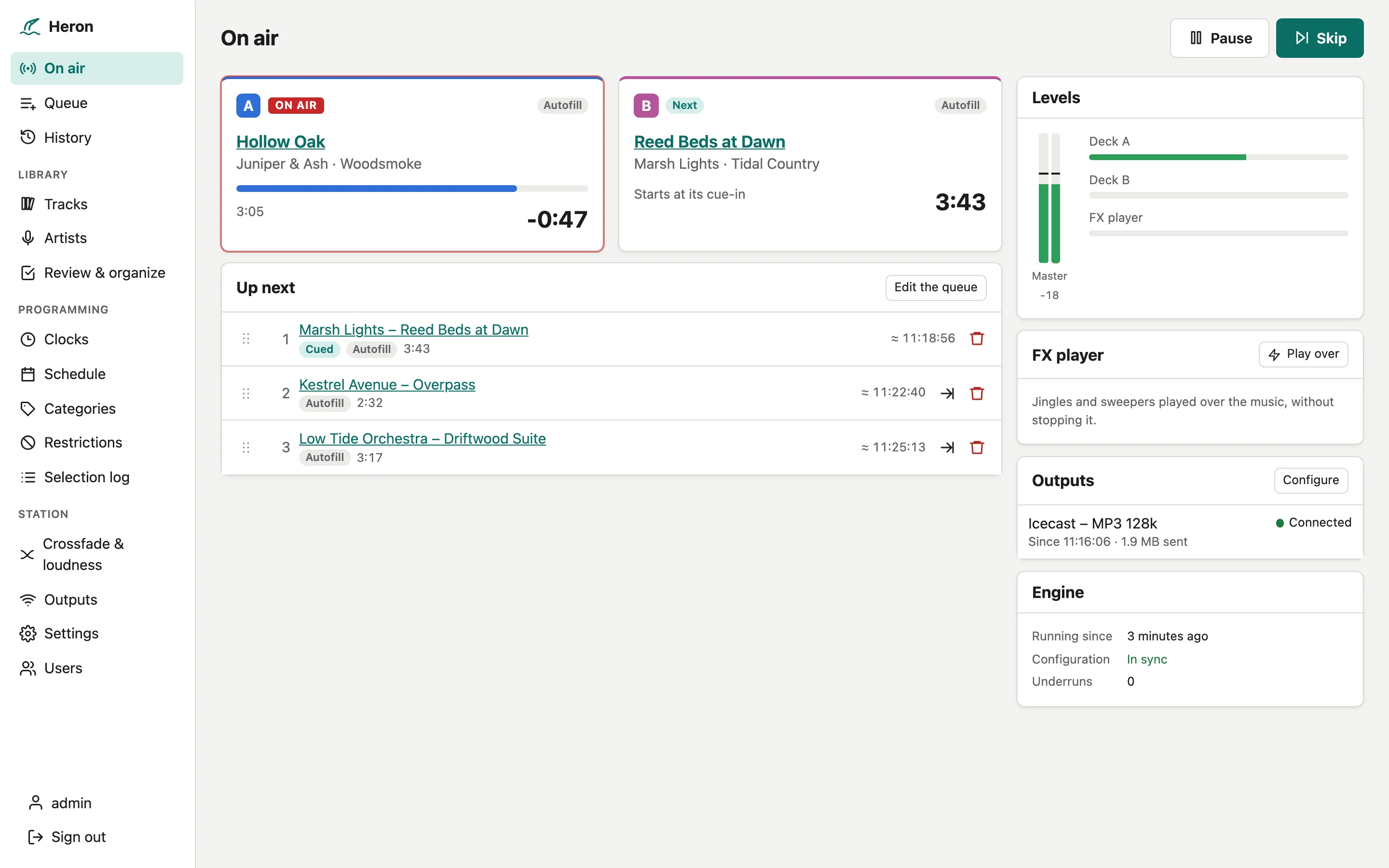 Heron's On air page: decks A and B, the next tracks, levels, the FX player, outputs and the engine's state